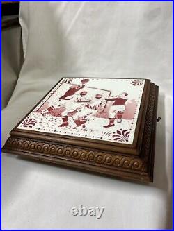 Antique tile/wood French music box/boys/soccer/great sound