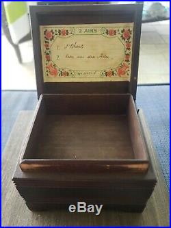 Antique working 2 Airs Wood Music Box W Label 1930's-40's
