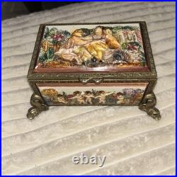 Antq Capodimonte Reuge Music Trinket Jewelry Box Porcln w Gold Metal Frame