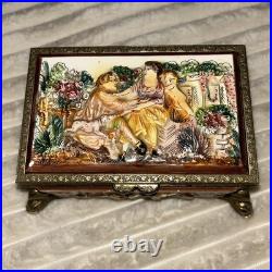 Antq Capodimonte Reuge Music Trinket Jewelry Box Porcln w Gold Metal Frame