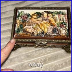 Antq Capodimonte Reuge Music Trinket Jewelry Box Porcln w Gold Metal Frame