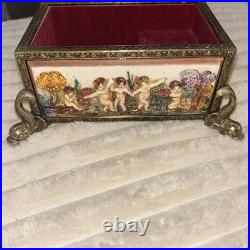 Antq Capodimonte Reuge Music Trinket Jewelry Box Porcln w Gold Metal Frame