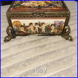 Antq Capodimonte Reuge Music Trinket Jewelry Box Porcln w Gold Metal Frame