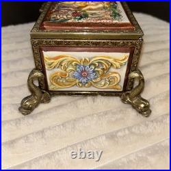 Antq Capodimonte Reuge Music Trinket Jewelry Box Porcln w Gold Metal Frame
