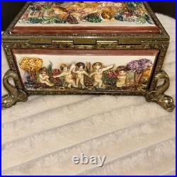 Antq Capodimonte Reuge Music Trinket Jewelry Box Porcln w Gold Metal Frame