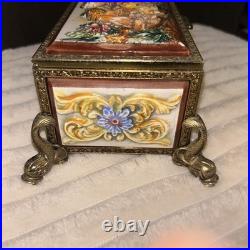 Antq Capodimonte Reuge Music Trinket Jewelry Box Porcln w Gold Metal Frame