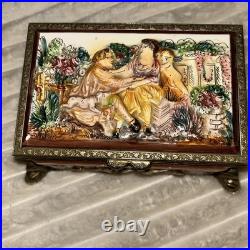 Antq Capodimonte Reuge Music Trinket Jewelry Box Porcln w Gold Metal Frame
