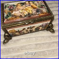Antq Capodimonte Reuge Music Trinket Jewelry Box Porcln w Gold Metal Frame