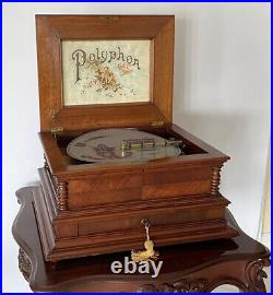 C. 1890 Polyphon Music Box 15.5 With Christmas Disks & Table