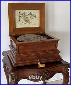 C. 1890 Polyphon Music Box 15.5 With Christmas Disks & Table