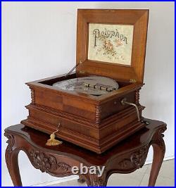 C. 1890 Polyphon Music Box 15.5 With Christmas Disks & Table