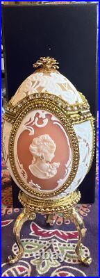 Cameo Jeweled Real Ostrich Egg Pedestal Hinged Box, MUSIC BOX Rhinestones VTG Cameo Jeweled Real Ostrich Egg Pedestal Hinged Box, MUSIC BOX Rhinestones VTG