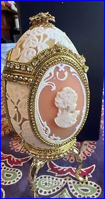 Cameo Jeweled Real Ostrich Egg Pedestal Hinged Box, MUSIC BOX Rhinestones VTG Cameo Jeweled Real Ostrich Egg Pedestal Hinged Box, MUSIC BOX Rhinestones VTG