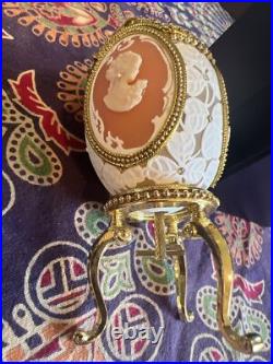 Cameo Jeweled Real Ostrich Egg Pedestal Hinged Box, MUSIC BOX Rhinestones VTG Cameo Jeweled Real Ostrich Egg Pedestal Hinged Box, MUSIC BOX Rhinestones VTG