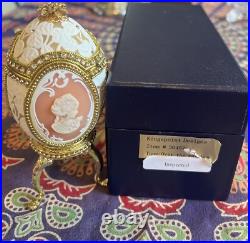 Cameo Jeweled Real Ostrich Egg Pedestal Hinged Box, MUSIC BOX Rhinestones VTG Cameo Jeweled Real Ostrich Egg Pedestal Hinged Box, MUSIC BOX Rhinestones VTG