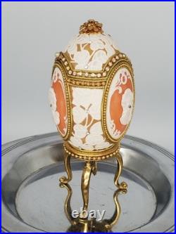 Cameo Jeweled Real Ostrich Egg Pedestal MUSIC BOX Rhinestones Vintage Works