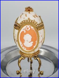 Cameo Jeweled Real Ostrich Egg Pedestal MUSIC BOX Rhinestones Vintage Works