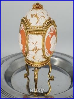 Cameo Jeweled Real Ostrich Egg Pedestal MUSIC BOX Rhinestones Vintage Works