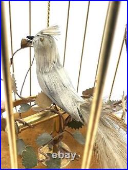 Charming Antique 1920-30 Automaton Mechanical Signing Bird In Gold Cage Works