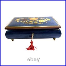 Cobalt Blue Jewelry Music Box, Made in Italy Reuge with Key 1940s VTG