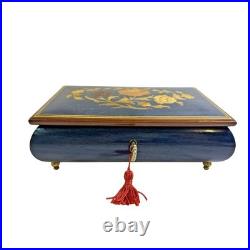 Cobalt Blue Jewelry Music Box, Made in Italy Reuge with Key 1940s VTG