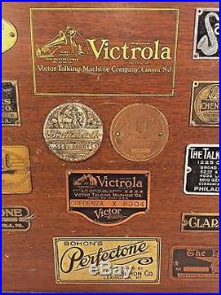 Collectors Dream A Victrola Top with Tags from Various Makers of Phonographs