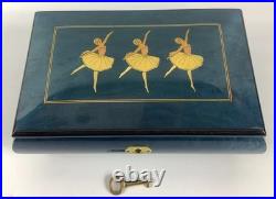 Dancing Ballerinas Locking Music Box Jewelry Box Wood Inlay Blue withKey Emperor W