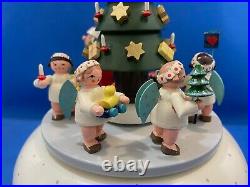 ERZGEBIRGE Christmas Music Box Tree Angels Carved Wood Germany KWO Reuge Romance