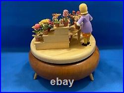 ERZGEBIRGE Music Box Lady with Flower Stand Wood Germany Leichsenring Thorens