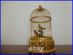 EXC Vintage Swiss Reuge Singing Bird Cage Gold Filled Cage Two Birds Model