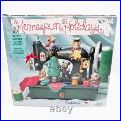 Enesco Homespun Holiday Mice Sewing Machine Music Box Plug Adapter 1993 Works