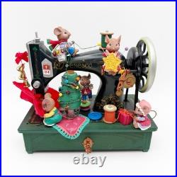 Enesco Homespun Holiday Mice Sewing Machine Music Box Plug Adapter 1993 Works