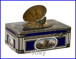 Exquisite Antique Enamel Sterling Silver Singing Bird Music Box Automaton