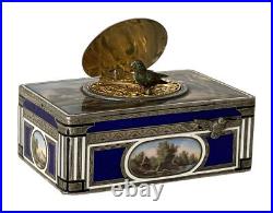 Exquisite Antique Enamel Sterling Silver Singing Bird Music Box Automaton