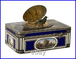 Exquisite Antique Enamel Sterling Silver Singing Bird Music Box Automaton