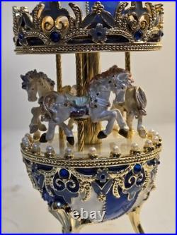 Faberge Musical Horse Carousel Egg Blue And White