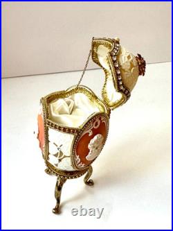GREAT GIFT! Cameo Jeweled Real Ostrich Egg Pedestal Hinged MUSIC BOX VTG