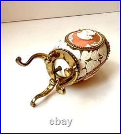 GREAT GIFT! Cameo Jeweled Real Ostrich Egg Pedestal Hinged MUSIC BOX VTG