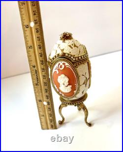 GREAT GIFT! Cameo Jeweled Real Ostrich Egg Pedestal Hinged MUSIC BOX VTG