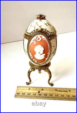 GREAT GIFT! Cameo Jeweled Real Ostrich Egg Pedestal Hinged MUSIC BOX VTG