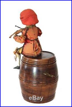 German 1840s Antique Automaton Jester Man On Barrel