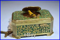 German Gilt Brass/Metal Green Enamel Mechanical Singing Bird Box by Emil Brenk