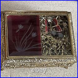 Gold Metal Filigree Automation Moving Enamel Butterfly Music Jewelry Box Japan