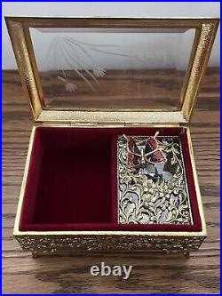 Gold Metal Filigree Automation Moving Enamel Butterfly Music Jewelry Box Japan