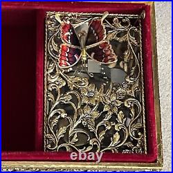 Gold Metal Filigree Automation Moving Enamel Butterfly Music Jewelry Box Japan