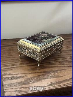 Gold Metal Filigree Automation Moving Enamel Butterfly Music Jewelry Box Japan