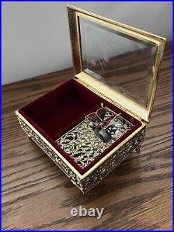 Gold Metal Filigree Automation Moving Enamel Butterfly Music Jewelry Box Japan