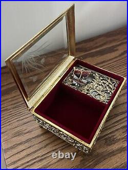 Gold Metal Filigree Automation Moving Enamel Butterfly Music Jewelry Box Japan