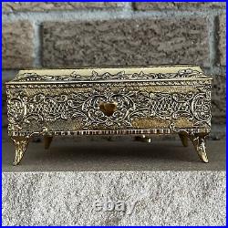 Gold Metal Filigree Automation Moving Enamel Butterfly Music Jewelry Box Japan