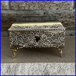 Gold Metal Filigree Automation Moving Enamel Butterfly Music Jewelry Box Japan